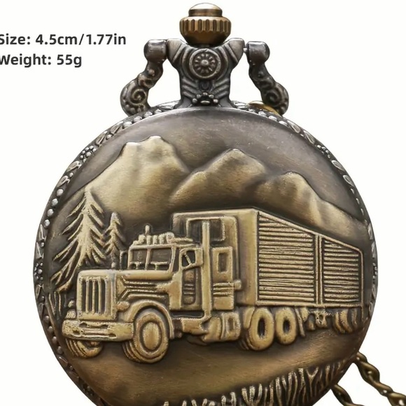 antique style pocket watch with a bronze finish and a truck design on the front - Picture 3 of 11